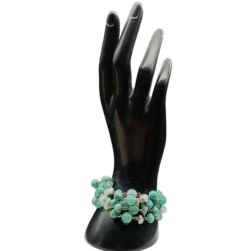Multi-Strand Vintage Green Beaded Bracelet with Silver-Tone Clasp